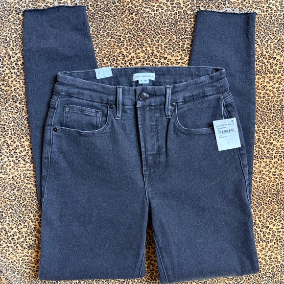 Good American Good Legs Raw Hem High Rise Black Denim Skinny Jeans 6 28 NWT - Picture 14 of 16